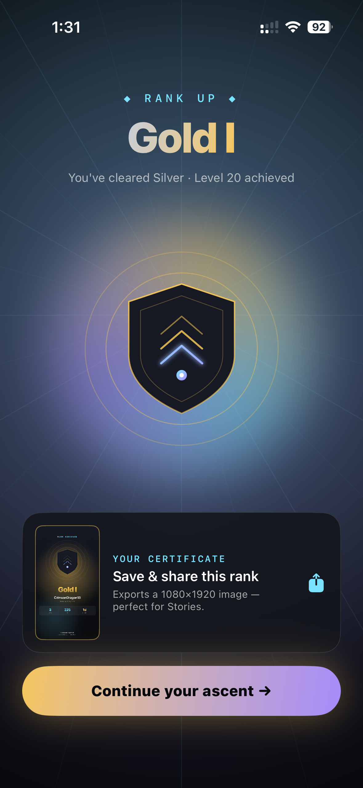 Rank-up celebration — Gold I, shareable certificate.