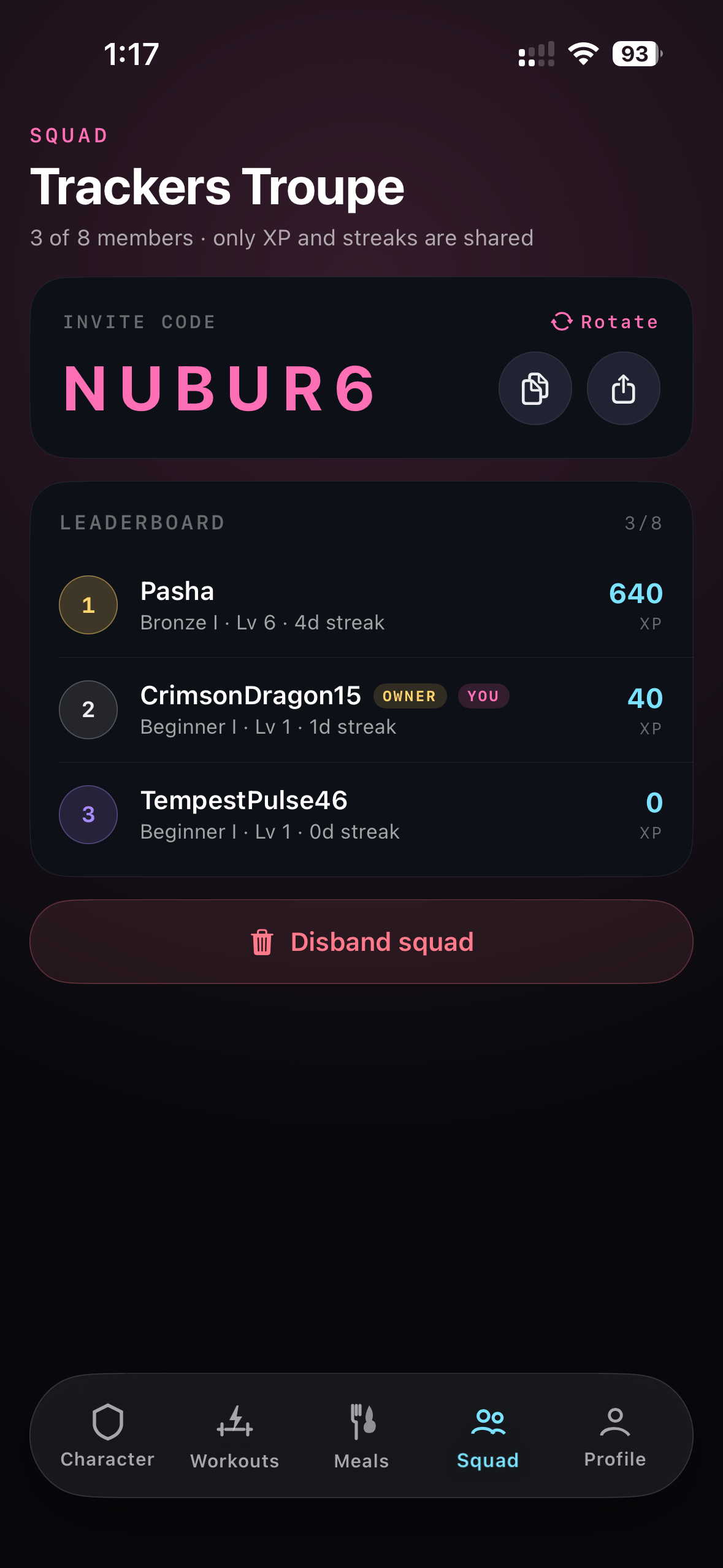 Squad tab — Trackers Troupe, invite code, leaderboard.