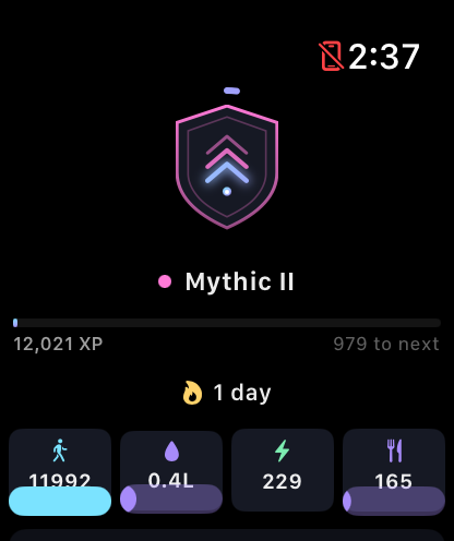 Apple Watch home — Mythic II crest, level ring, today's stats.